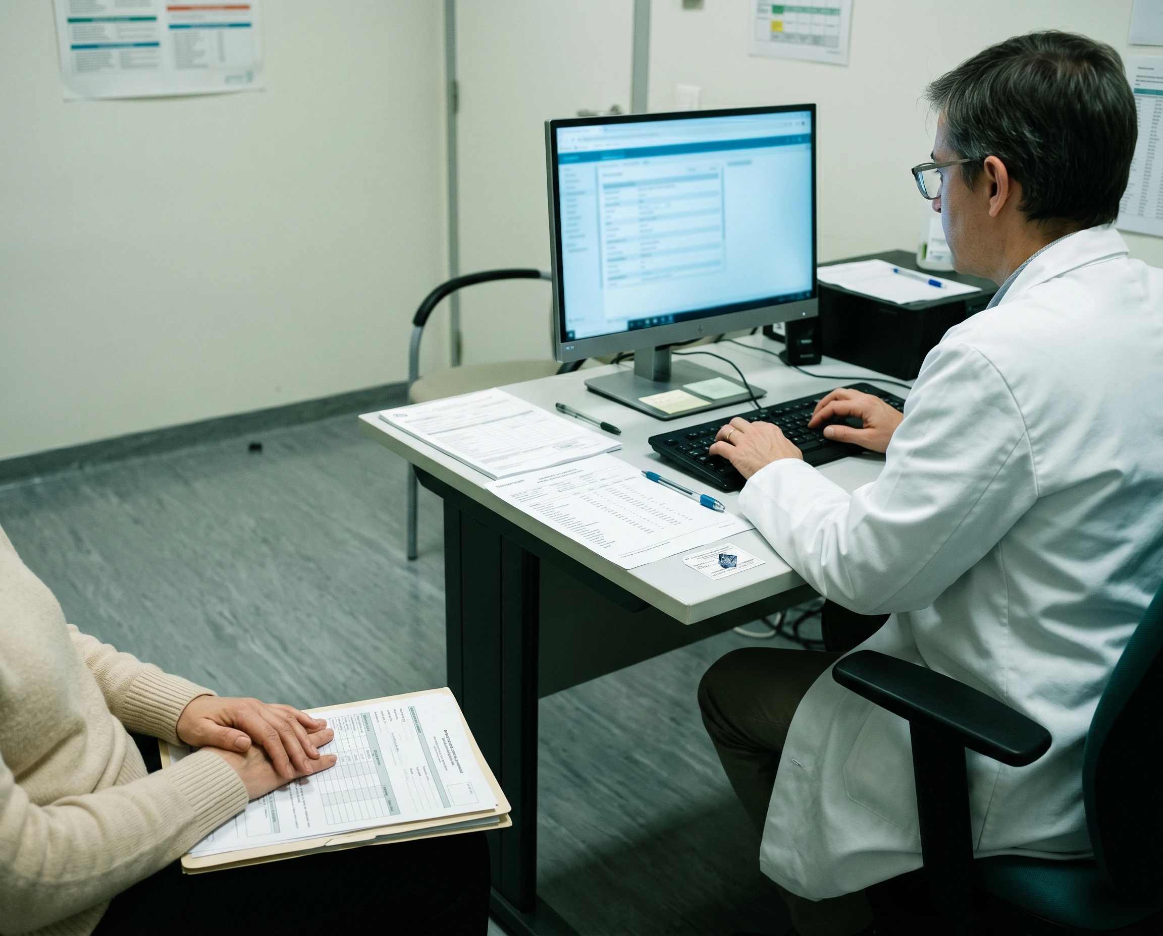Despacho médico institucional con doctor de tres cuartos de espalda tecleando en ordenador sin contacto visual, en primer plano las manos del avatar sosteniendo una carpeta de analíticas — el sistema correctamente diseñado para detectar enfermedad declarada en su acto profesional ritualizado