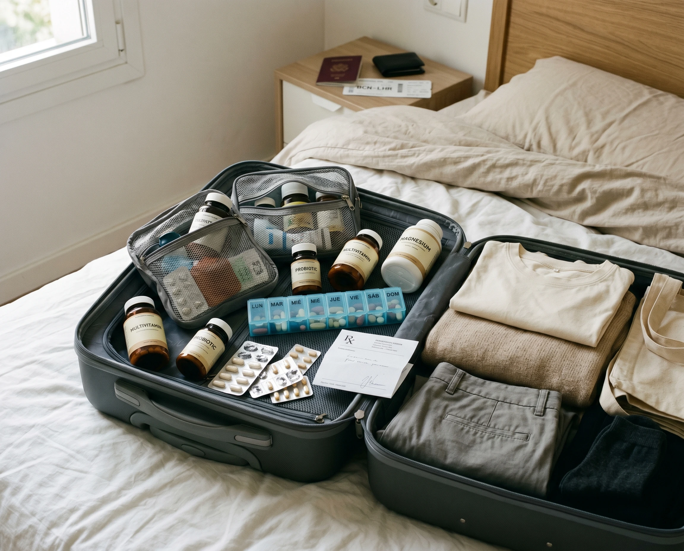 Maleta de viaje abierta sobre una cama dominada por la farmacia portátil — organizador semanal de pills, varios frascos de supplements, blisters y prescripción doblada, mientras la ropa apenas ocupa la mitad — los viajes mediados por la logística medicamentosa