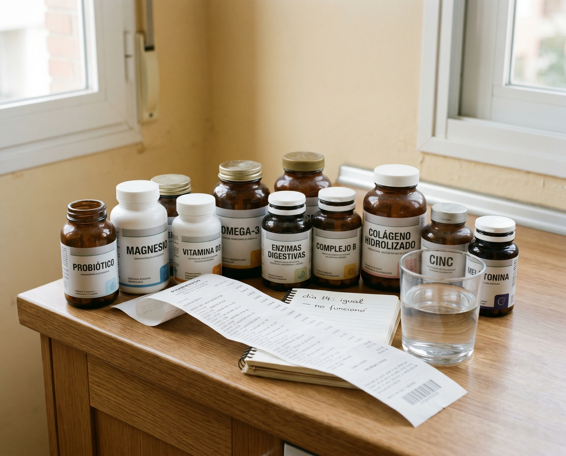 Counter doméstico con la colección acumulada de varios frascos de supplements de distintos tipos, algunos a medias, otros sin abrir, junto a un largo recibo de farmacia — el dinero que sigue yendo a soluciones que alivian sin resolver