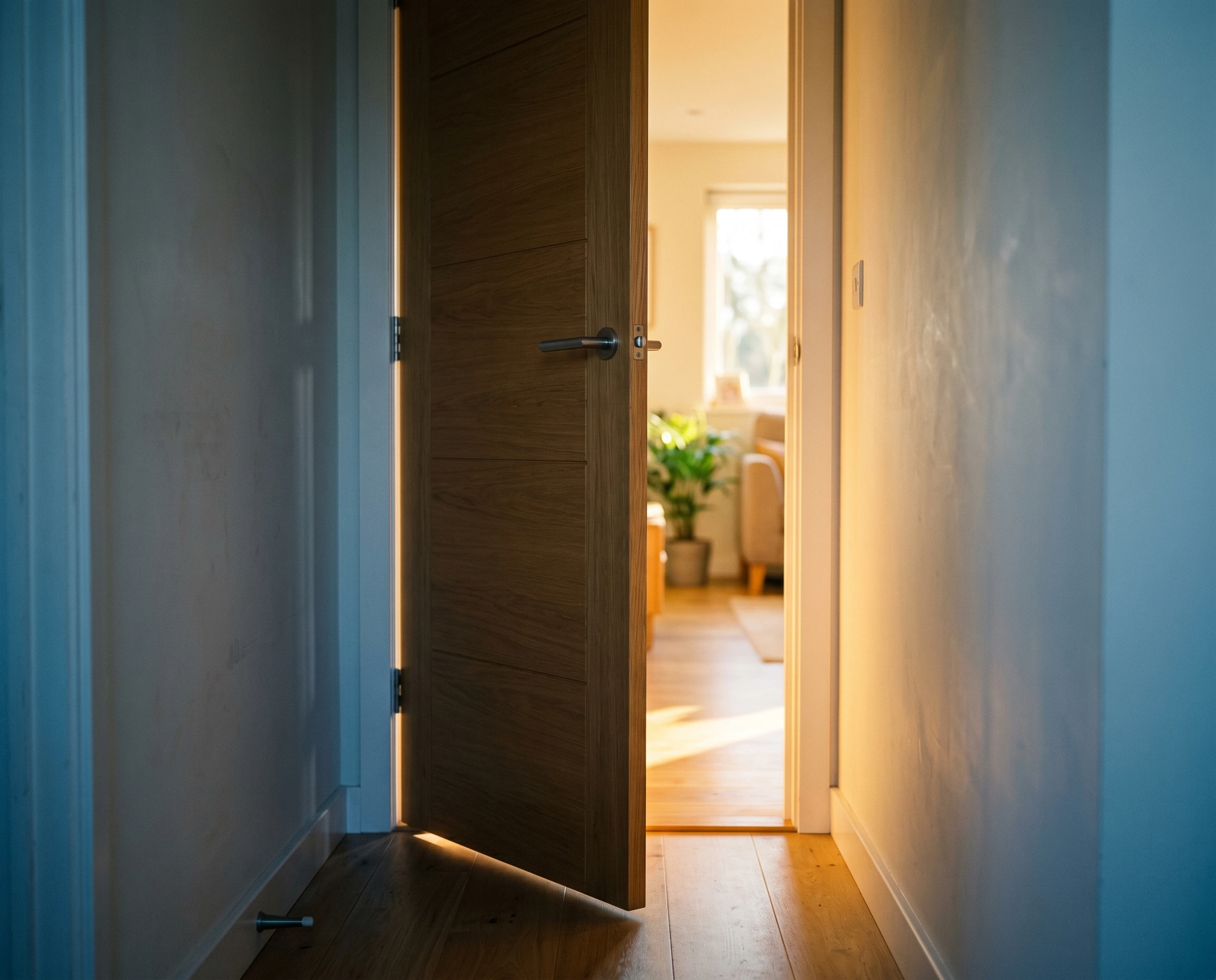 Puerta interior de madera natural entreabierta con el lado del viewer en penumbra azul-gris fría y luz dorada cálida saliendo del otro lado donde se intuye una habitación con planta verde y ventana — la bifurcación de la decisión: permitirte cambiar o permitirte seguir igual