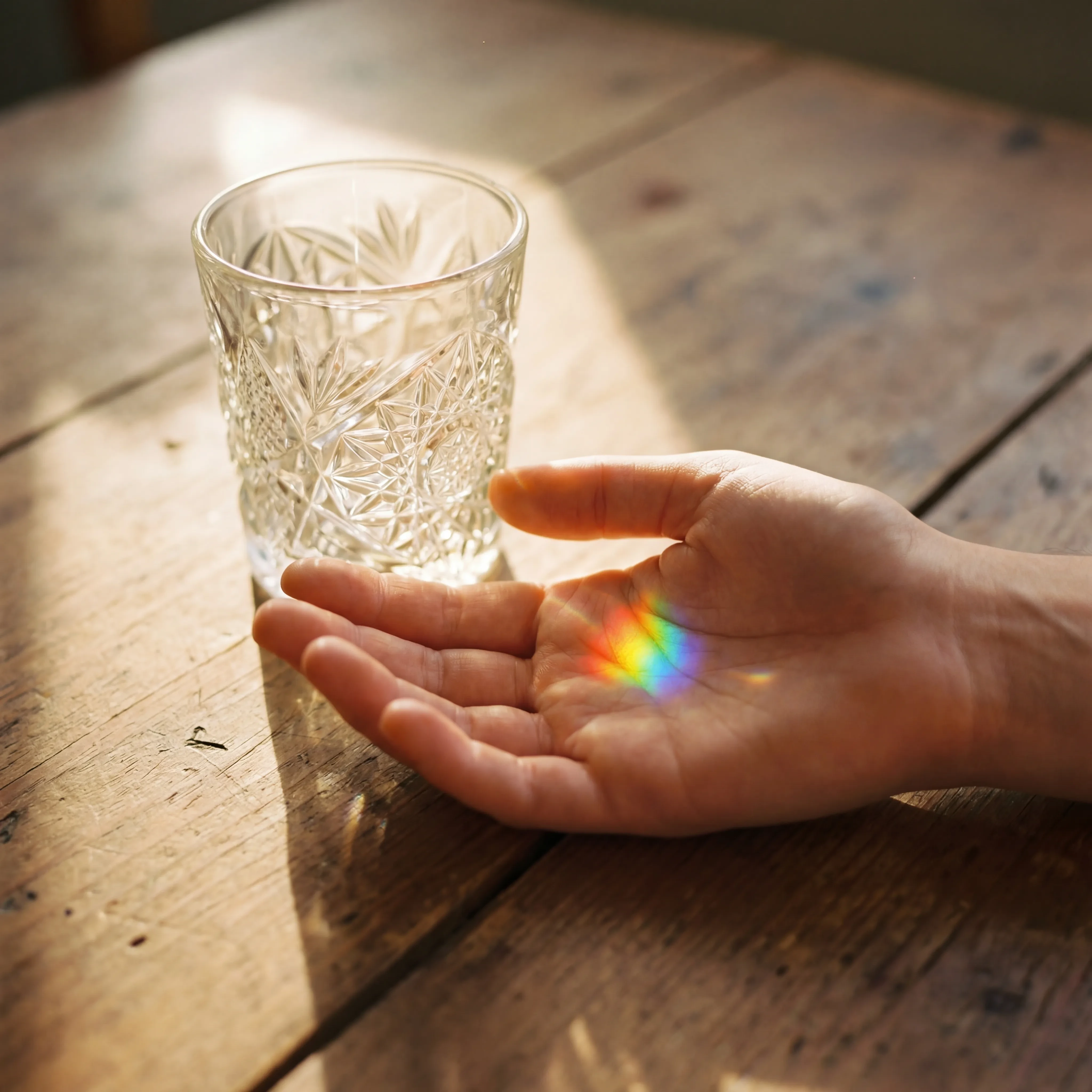 Vaso de cristal tallado con luz dorada filtrándose y formando un arcoíris sobre una mano abierta sobre mesa de madera rústica — el espectro emocional sensorial, símbolo de la psicología clínica y análisis psicosomático