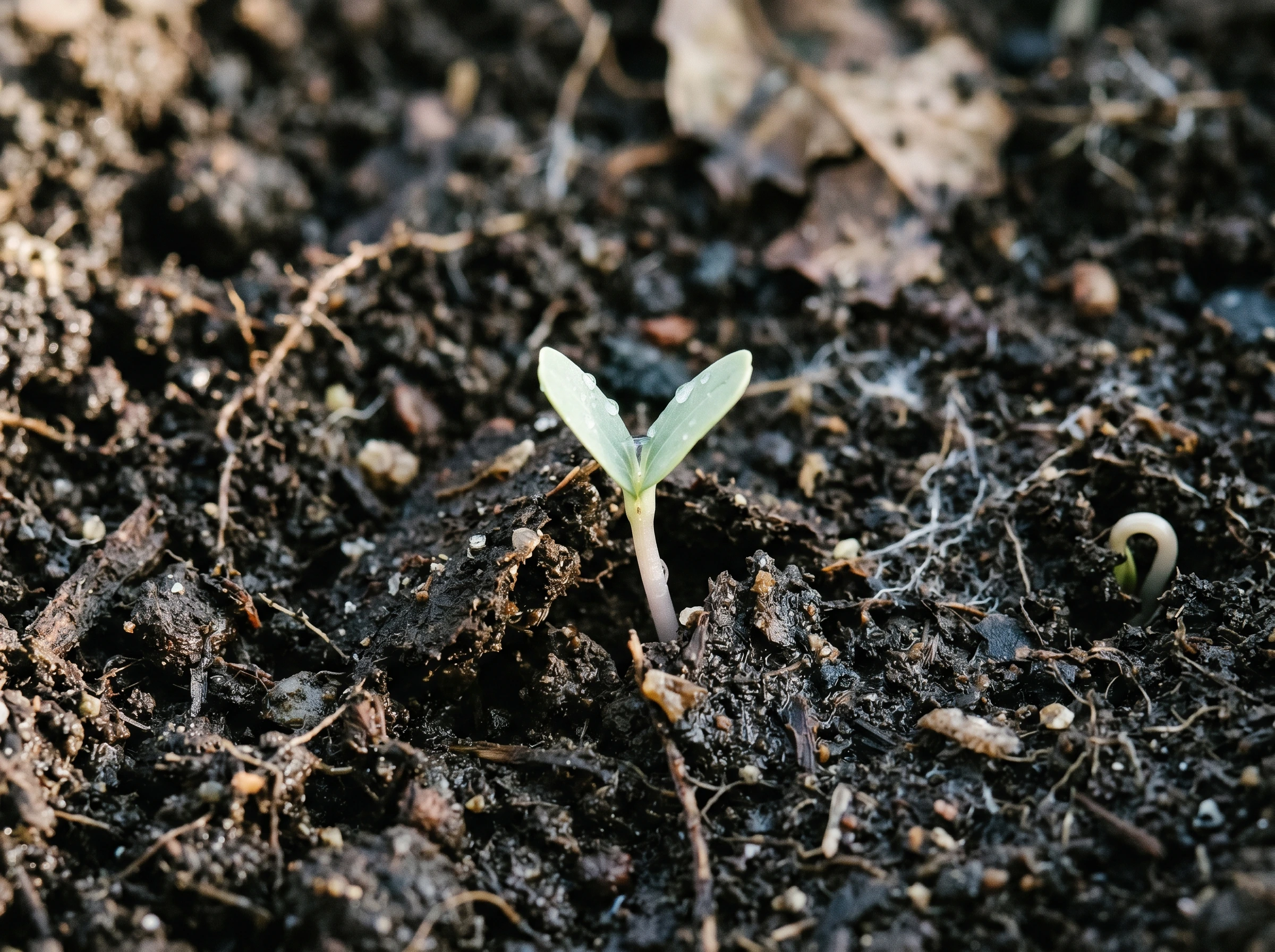 Macro de brote tierno con cotiledones verdes en V emergiendo de tierra fértil oscura húmeda — el ecosistema reconstruyéndose después de limpiar el terreno, gotas de agua en las hojas y un segundo brote barely emergiendo detrás