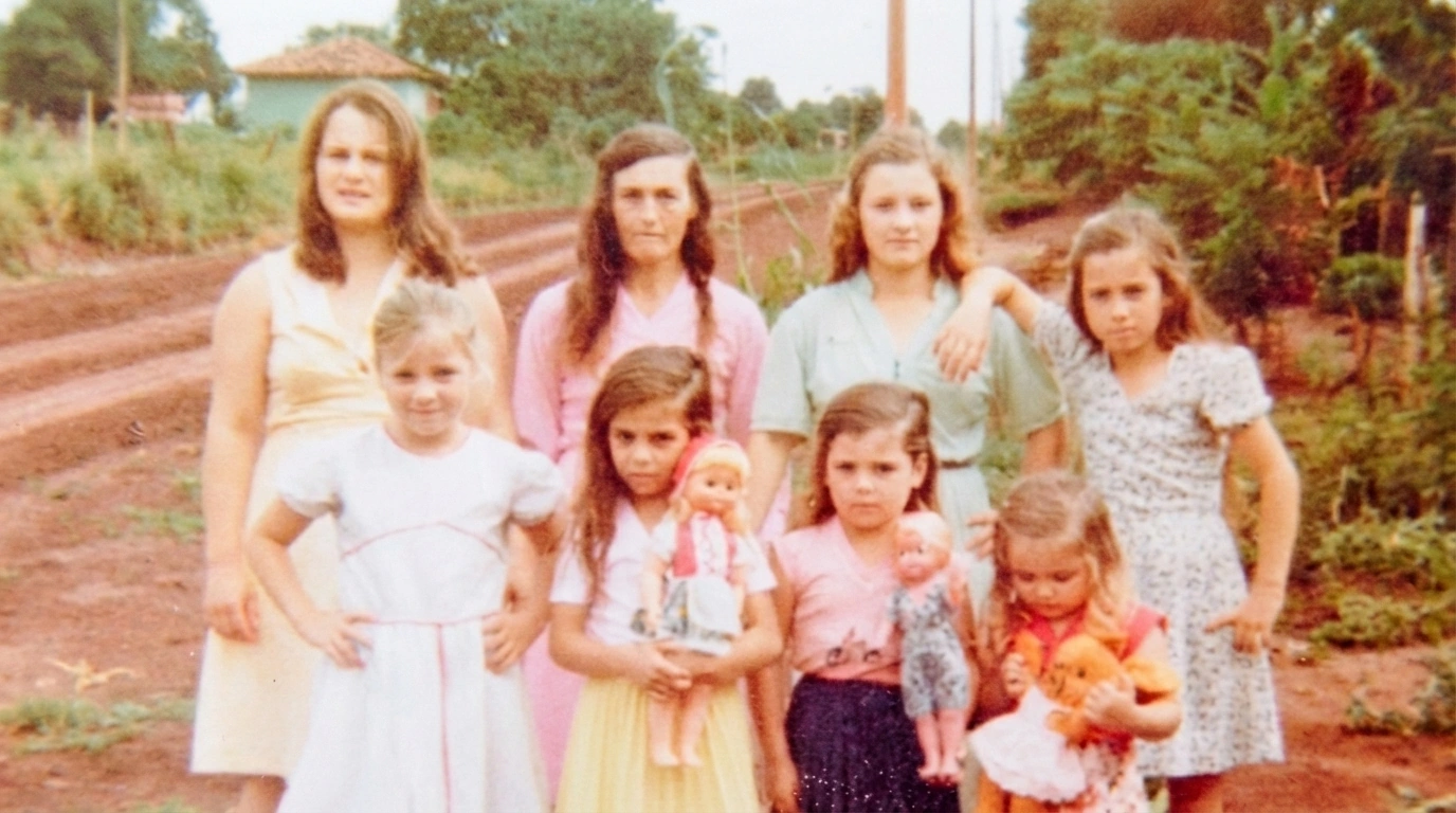Fotografía familiar antigua de los años 70-80 con niñas y adolescentes posando en un camino rural — la infancia de Carmem en entorno rural donde aprendió a leer las señales del cuerpo