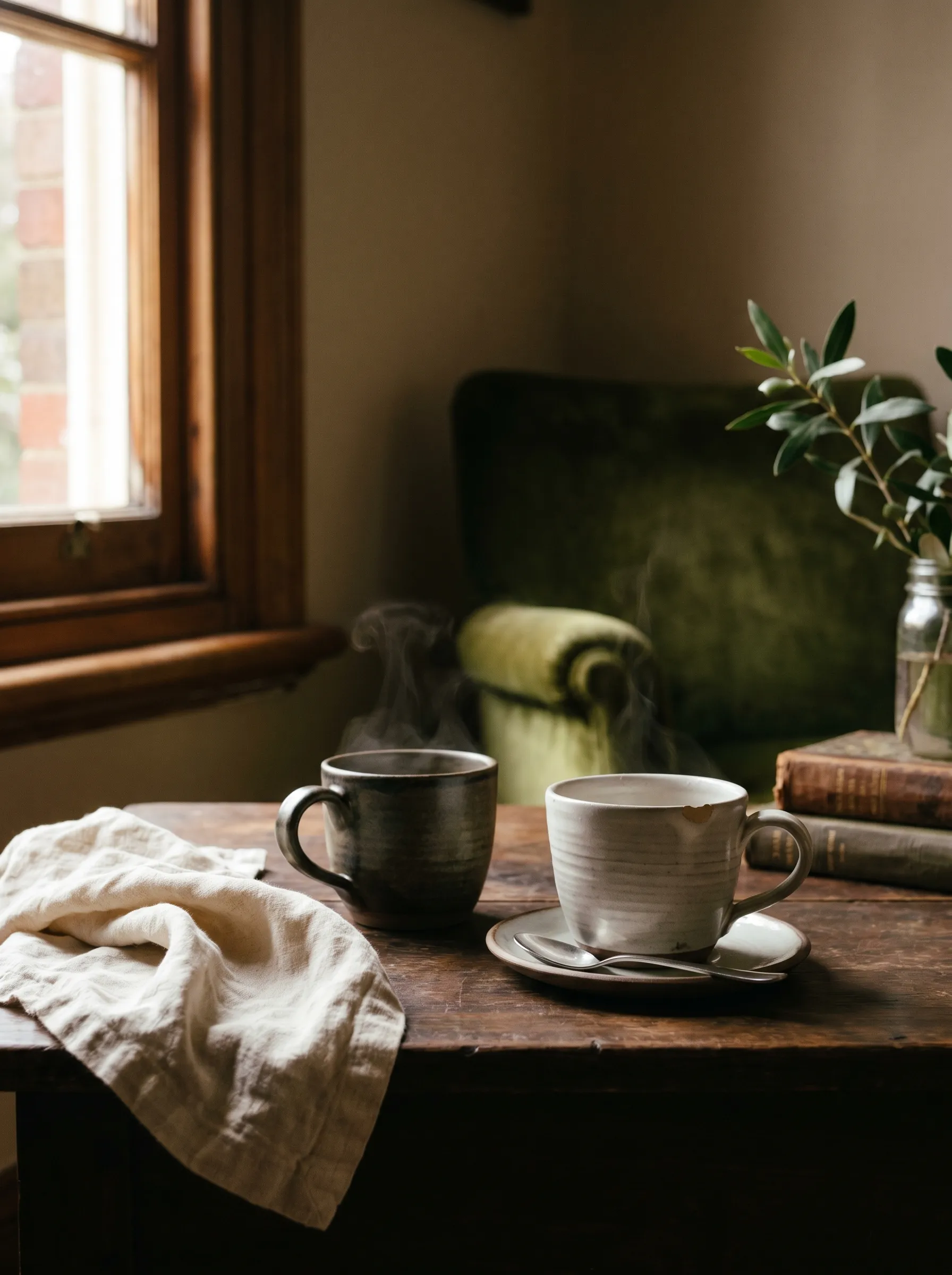 Dos tazas de cerámica artesana humeando sobre una mesa de madera junto a una ventana, con un sillón de terciopelo verde detrás
