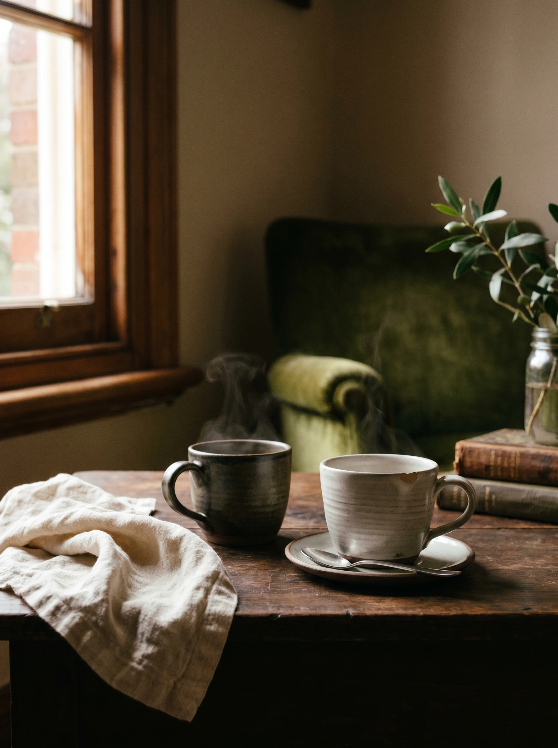 Dos tazas de cerámica artesana humeando sobre una mesa de madera junto a una ventana, con un sillón de terciopelo verde detrás