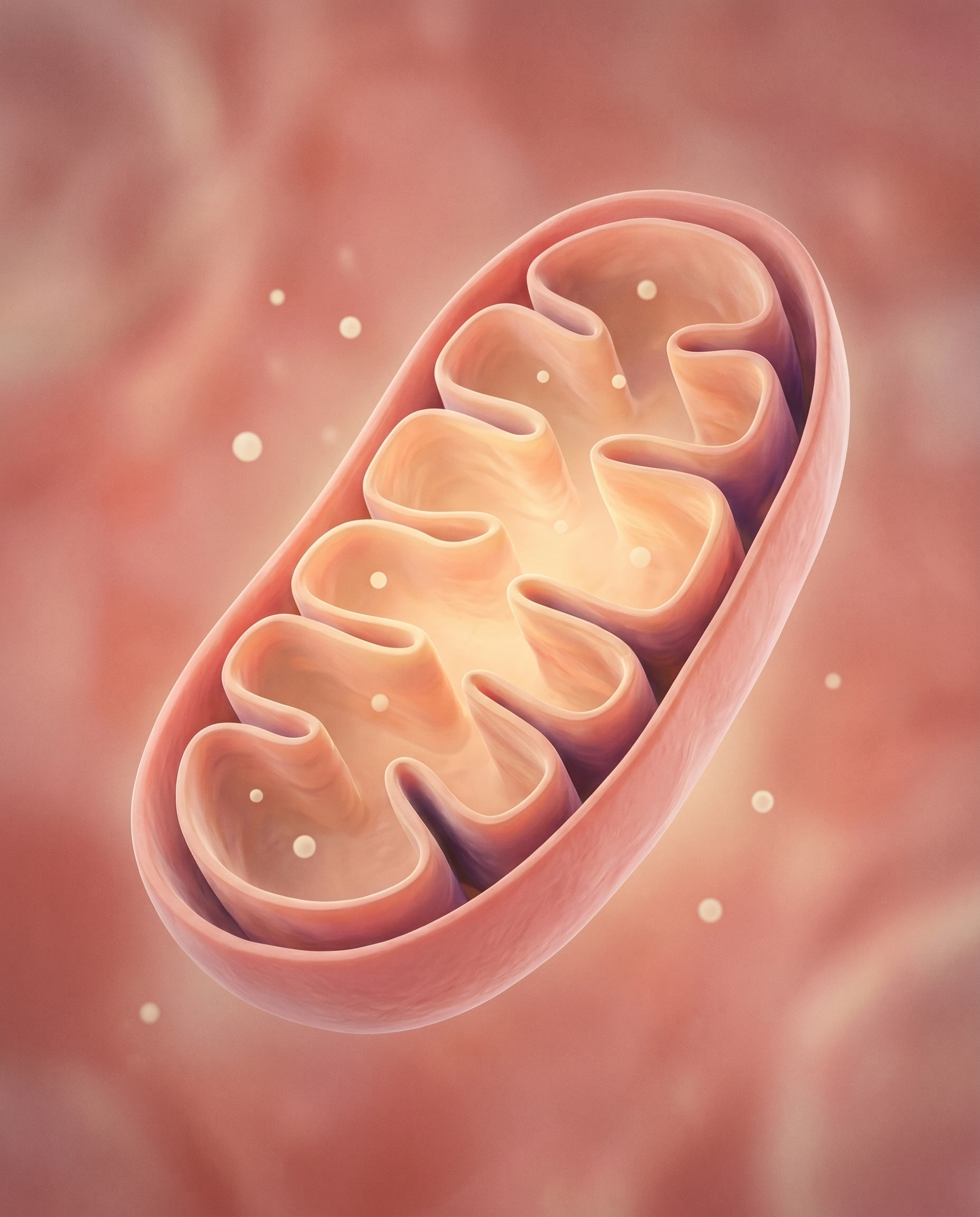 Render 3D editorial de una mitocondria con doble membrana y cristae internas iluminadas desde dentro por luz dorada, partículas ATP flotando alrededor — la fábrica energética del cuerpo materializada como objeto sublime