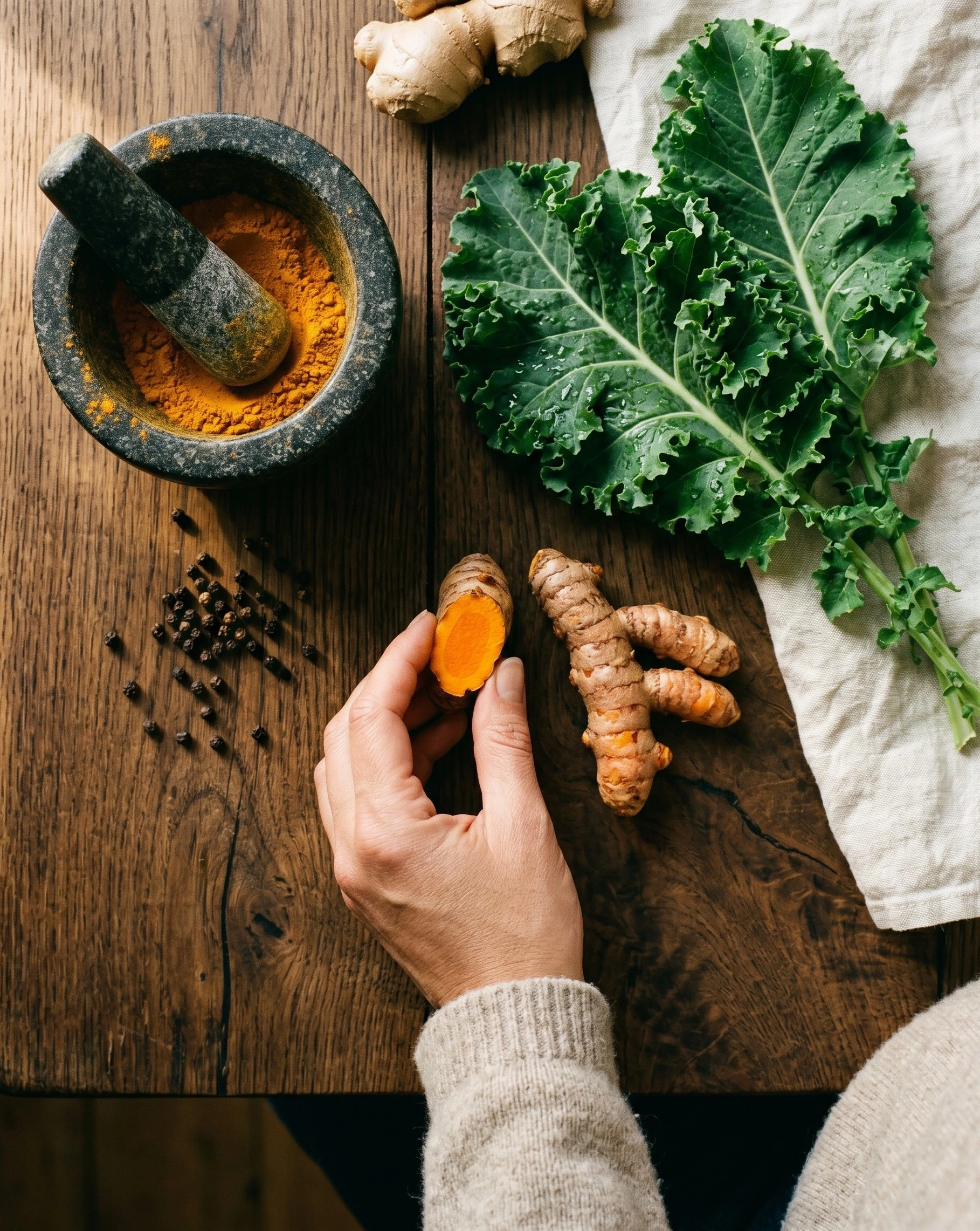 Cenital de bodegón nutricional Heritage sobre madera oscura veteada — mortero de piedra con cúrcuma molida, kale fresco, raíz de jengibre, peppercorns activadores y una mano sosteniendo cúrcuma cortada, alimentos como información química real