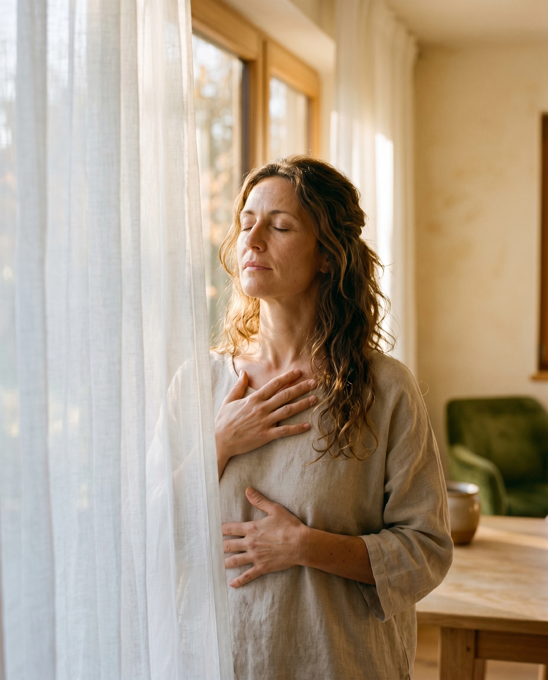 Mujer mediterránea con ojos cerrados y manos sobre el pecho y el abdomen, parcialmente velada por cortinas blancas de lino con luz dorada del amanecer atravesando, sillón verde de terciopelo al fondo — el eje intestino-cerebro materializado en gesto, presencia interior parasimpática