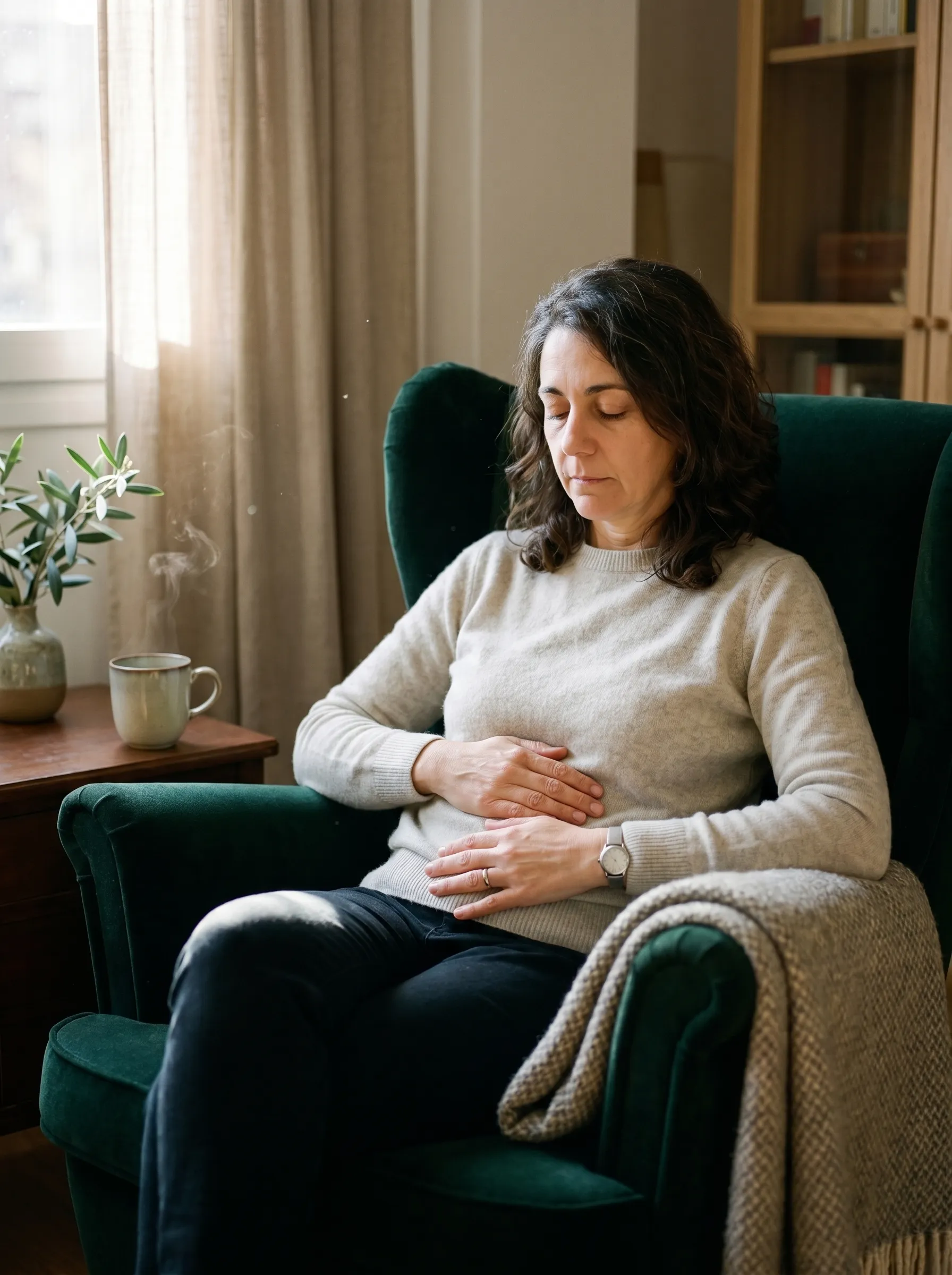 La misma mujer ahora sentada en un sillón de terciopelo verde en su hogar, manos relajadas sobre el abdomen y ojos cerrados, en un momento de auto-escucha bajo la luz cálida de la mañana
