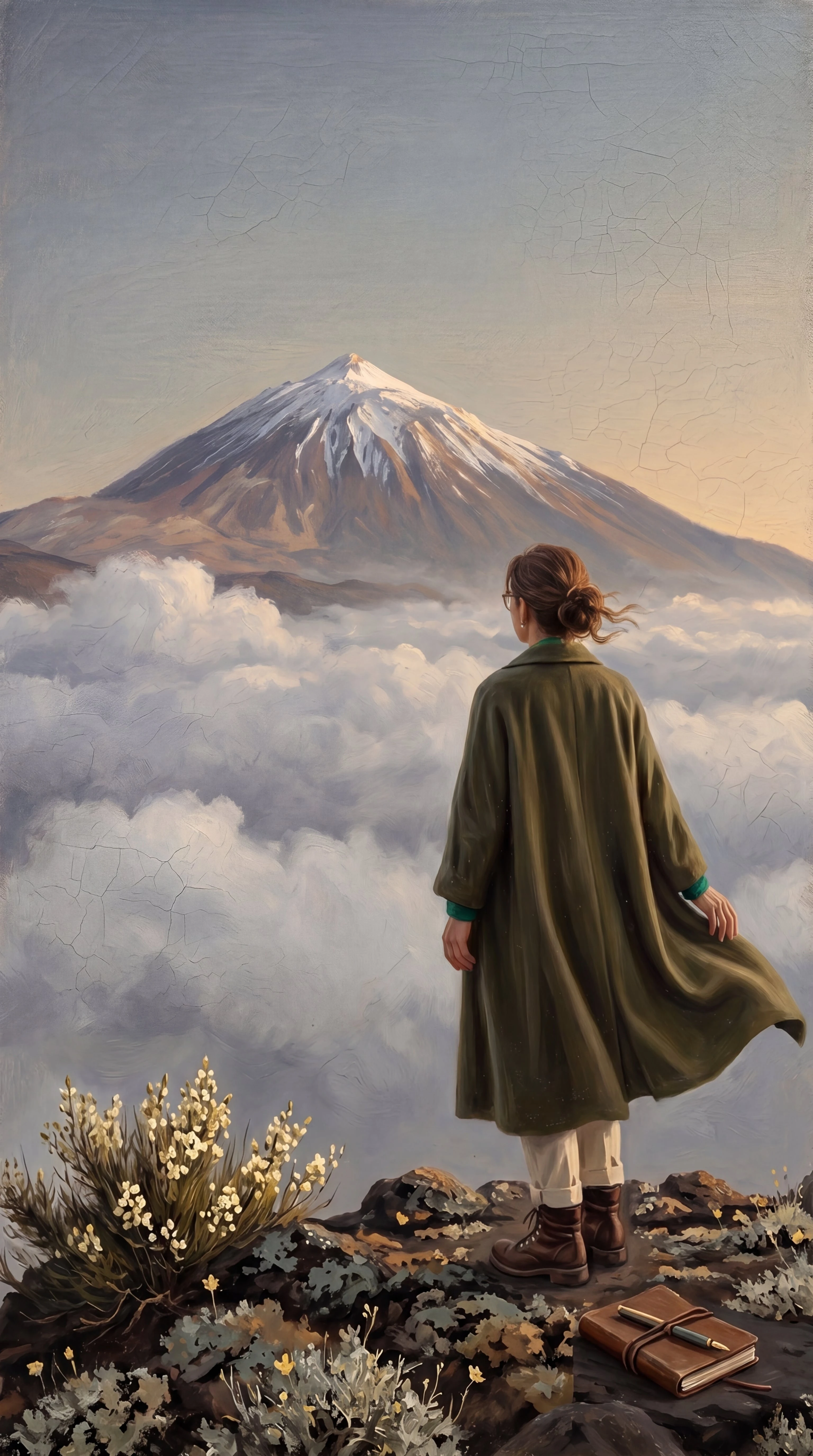 Pintura al óleo del Teide nevado emergiendo sobre un mar de nubes al amanecer, con una mujer solitaria de espalda con capa de lana verde oliva contemplando el volcán desde una cumbre rocosa con retama del Teide en flor y un cuaderno de cuero con pluma estilográfica sobre una piedra basáltica